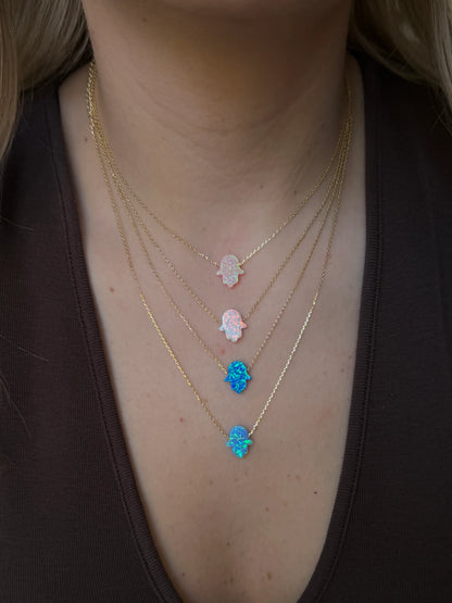 Gold Rengi Zincirli Opal Taşlı Fatma'nın Eli Model Kadın Kolye
