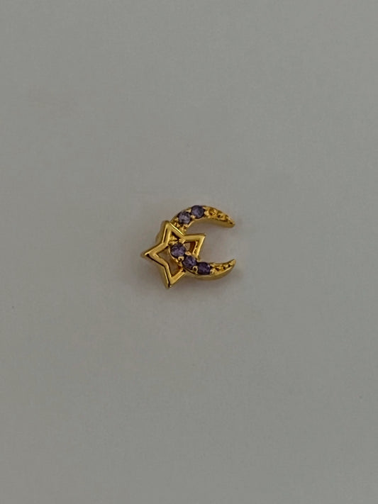 Mor Taşlı Gold Rengi Ay-Yıldız Piercing