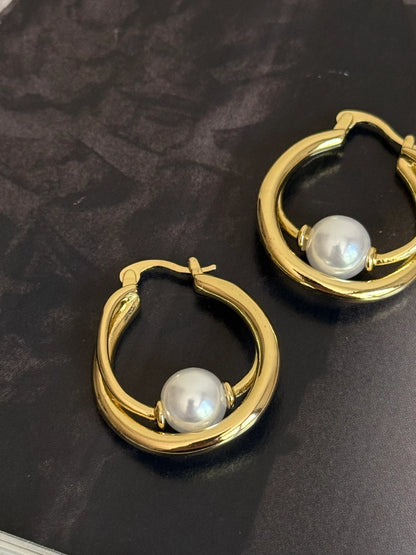 Gold Rengi İnci Detaylı İkili Kadın Halka Küpe