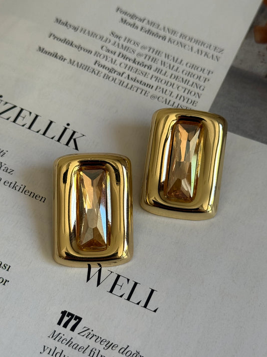 Gold Rengi Renkli Taşlı Dikdörtgen Model Kadın Küpe