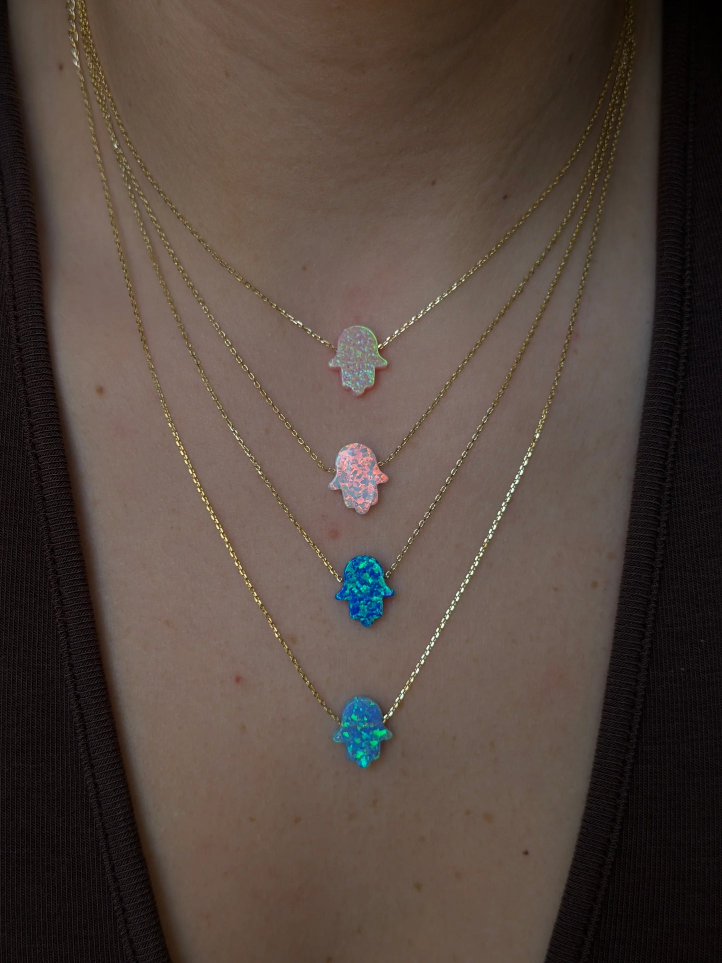 Gold Rengi Zincirli Opal Taşlı Fatma'nın Eli Model Kadın Kolye