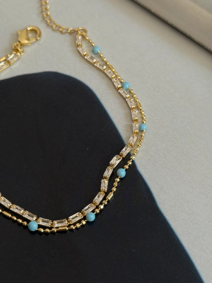 Gold Rengi Mavi Boncuklu İki Sıra Kadın Bileklik