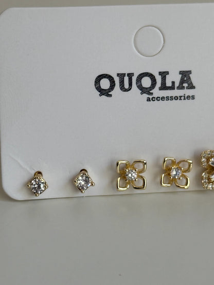 Gold Rengi Çiçekli Set Küpe