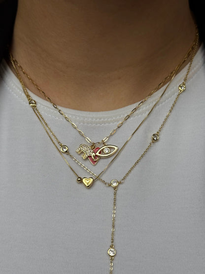 Gold Rengi Kırmızı Kalp & Fil & Göz Charm Kadın Kolye