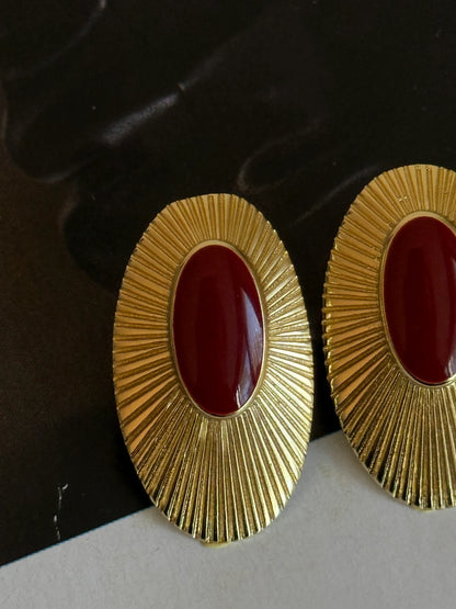 Gold Rengi Renkli Taşlı Elips Model Kadın Küpe