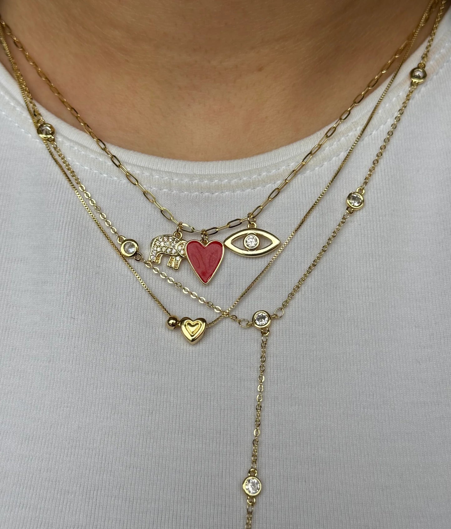 Gold Rengi Kırmızı Kalp & Fil & Göz Charm Kadın Kolye